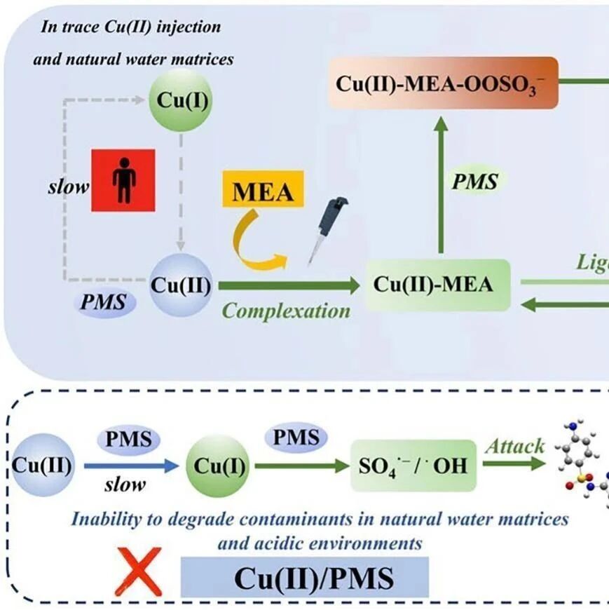 文献速递|广东工业大学CEJ:单乙醇胺调控的Cu(II)/PMS体系用于SMX降解：Cu(II)-OOSO3-亚稳态复合物的..