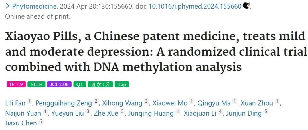 IF 7.9，逍遥丸治疗轻中度抑郁症的临床新证据